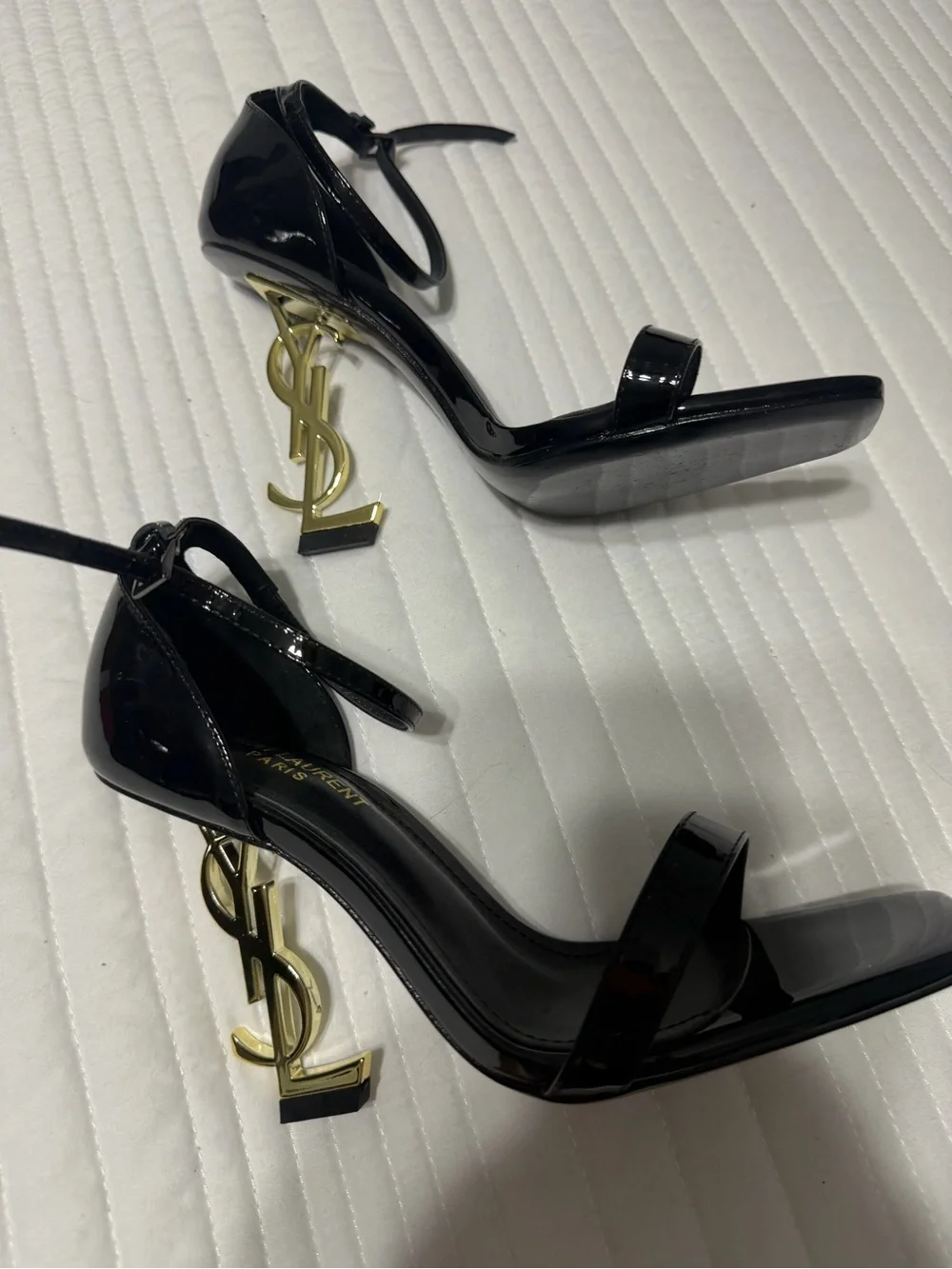 Saint Laurent Black Patent Leather Ankle-Strap Sandals with Gold YSL Logo Heels - Picture 2 of 8